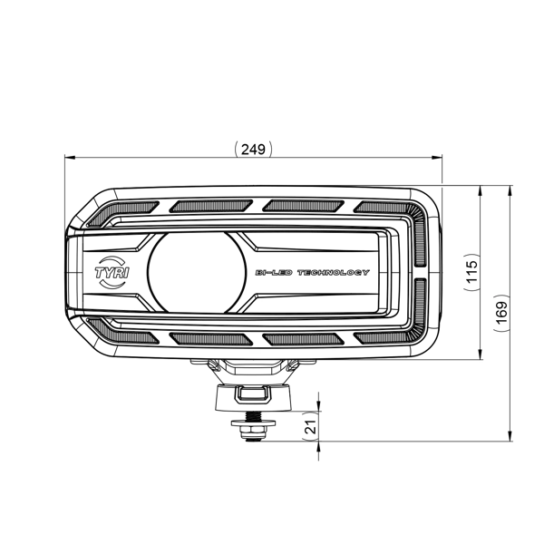 Technical front view drawing of the TYRI DLM F1 Bi-LED driving light, displaying slim housing profile, mounting bracket, and dimensions for vehicle lighting design reference