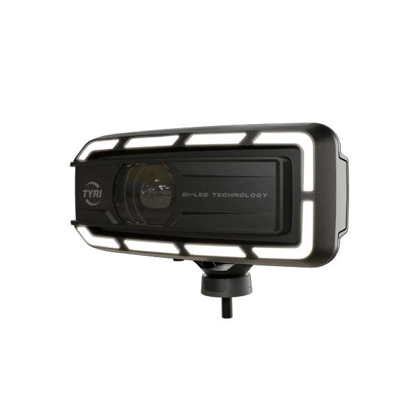 Product image of TYRI LED Driving Light DLM-F1 Bi-LED, facing left, with the DRL turned on