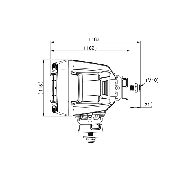 Technical side view drawing of the TYRI DLM F1 driving light, displaying slim housing profile, mounting bracket, and dimensions for vehicle lighting design reference