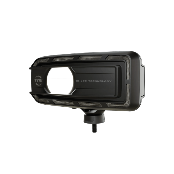 Product image of TYRI LED Driving Light DLM-F1 Bi-LED, facing left, with the High Beam turned on