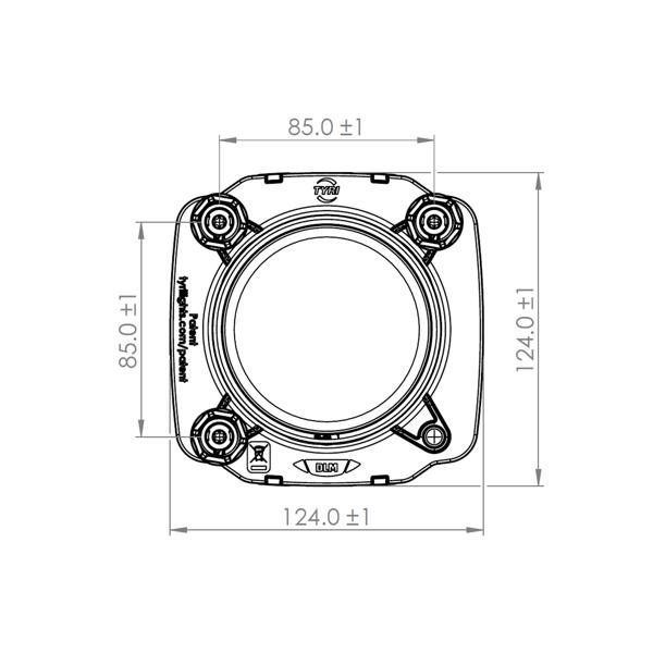 Technical front view drawing of the TYRI DLM 09 Bi-LED light, showing compact design, mounting points, and optical layout for vehicle lighting applications