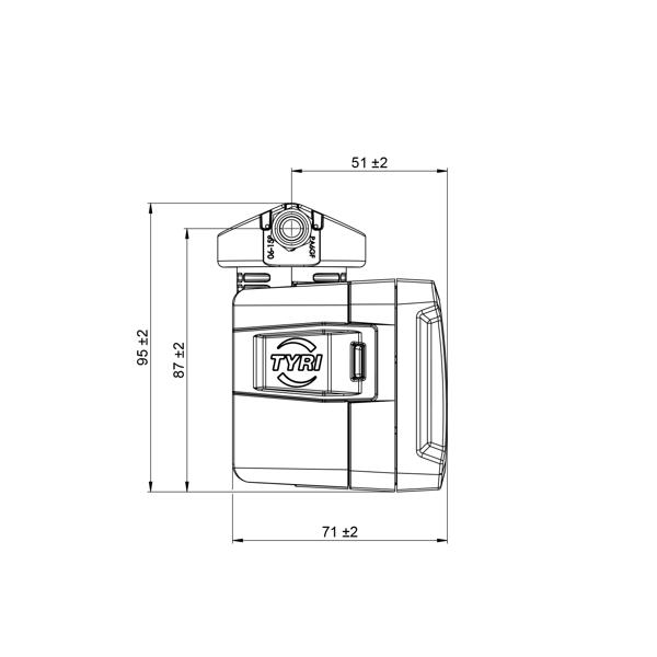 Technical side drawing of TYRI 0717 LED work light showing compact housing design, mounting bracket, and dimensions for installation reference.