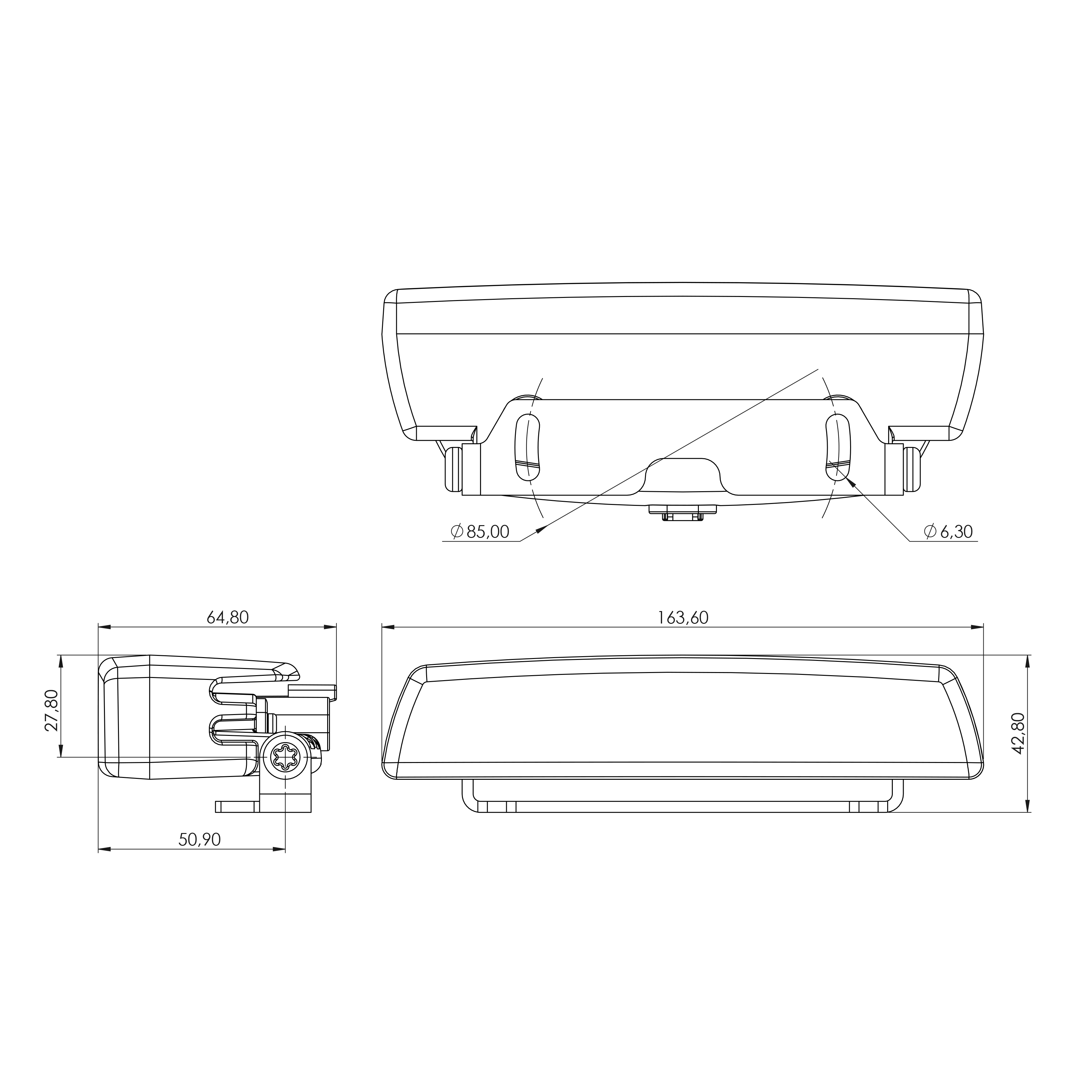 Disegno tecnico della lampada da lavoro TYRI VL4 Bracket LED, con vista frontale e laterale e dimensioni dettagliate per l'installazione su staffa.