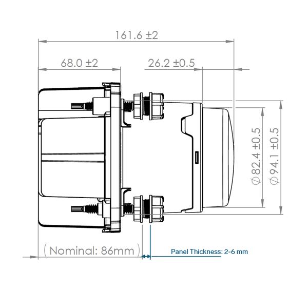 Technical side view drawing of the TYRI DLM 09 Bi-LED light, displaying slim housing profile, mounting bracket, and dimensions for vehicle lighting design reference