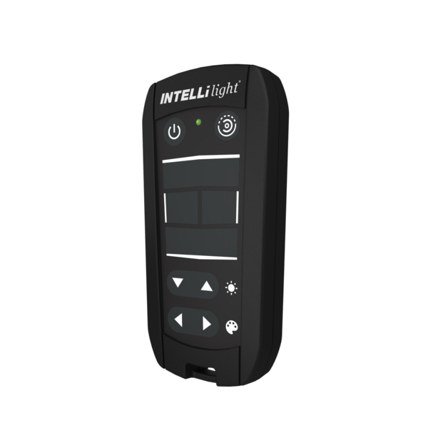 Remote controller for INTELLilight Lighting system showing product image with buttons and rugged handheld design.
