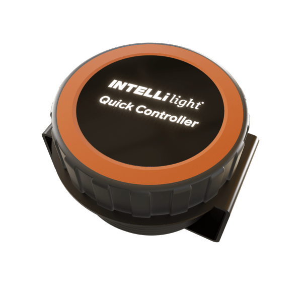 TYRI Quick Controller for INTELLilight showing right-side view with display, rotary dial, and push button controls in a compact housing.