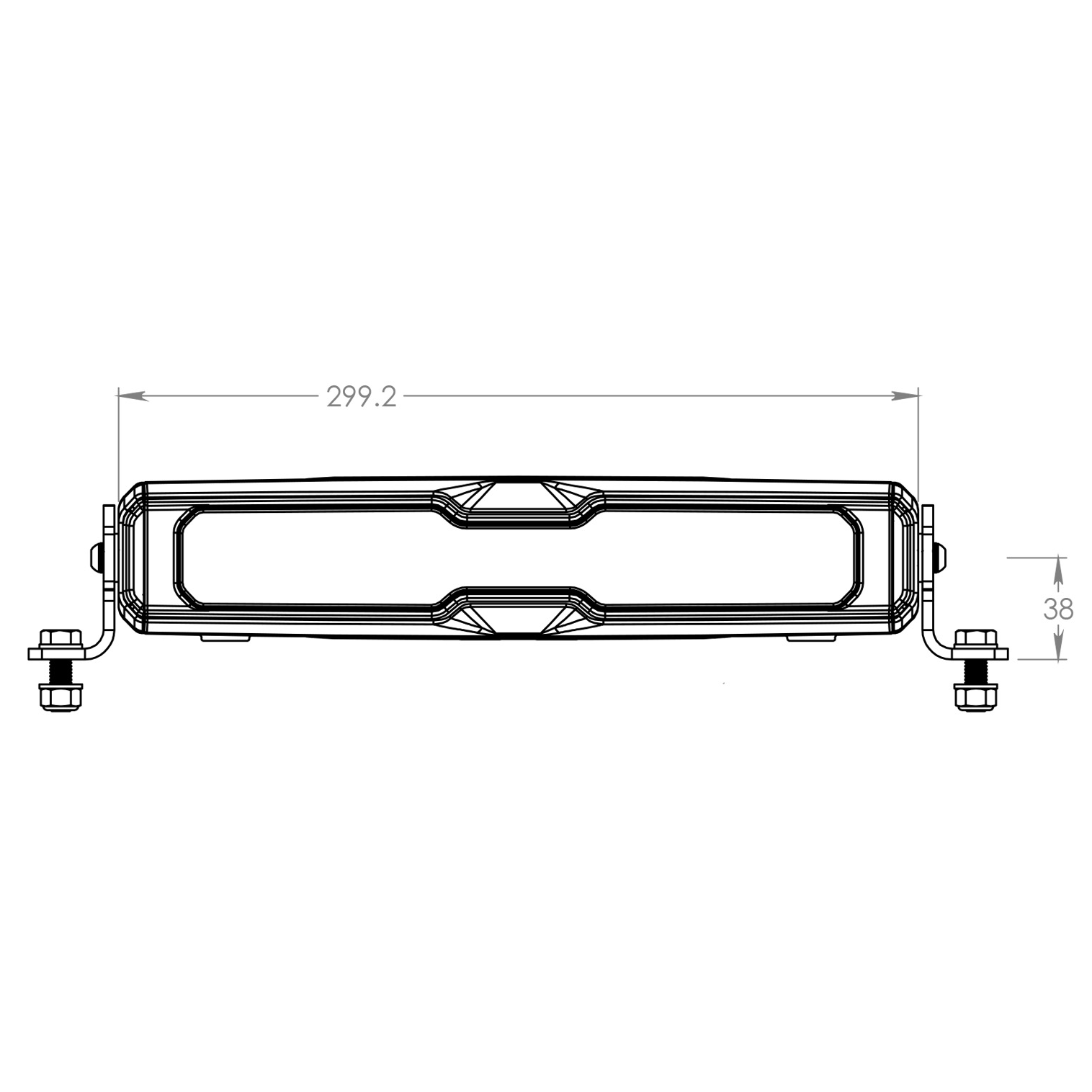Front-view technical drawing of the TYRI V12 Lightbar, showing detailed dimensions and mounting points for accurate installation.