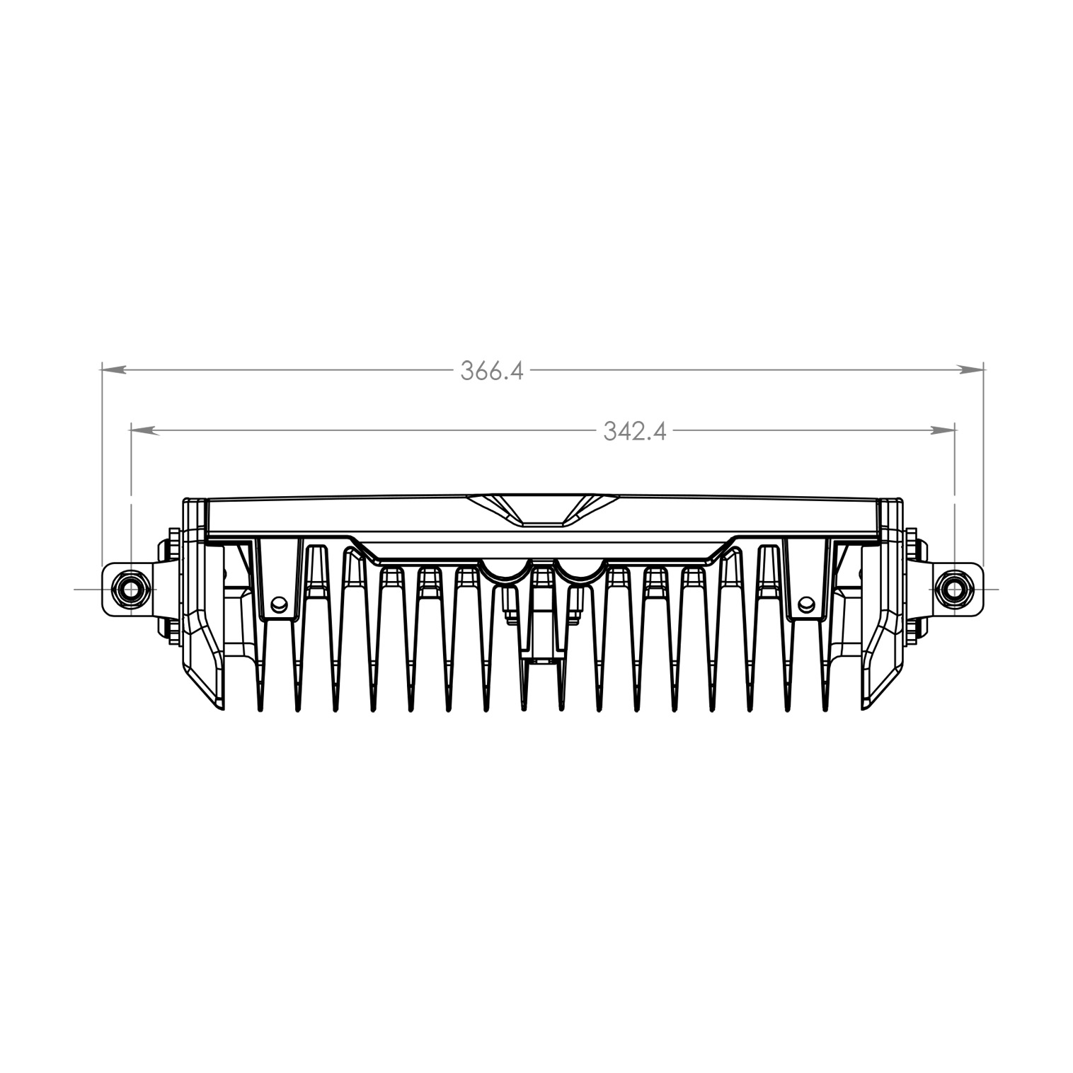 Top-view technical drawing of the TYRI V12 Lightbar, displaying precise measurements and layout for mounting and integration.